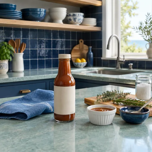 Mettre en scène la bouteille sauce sur le plan de travail de cuisine