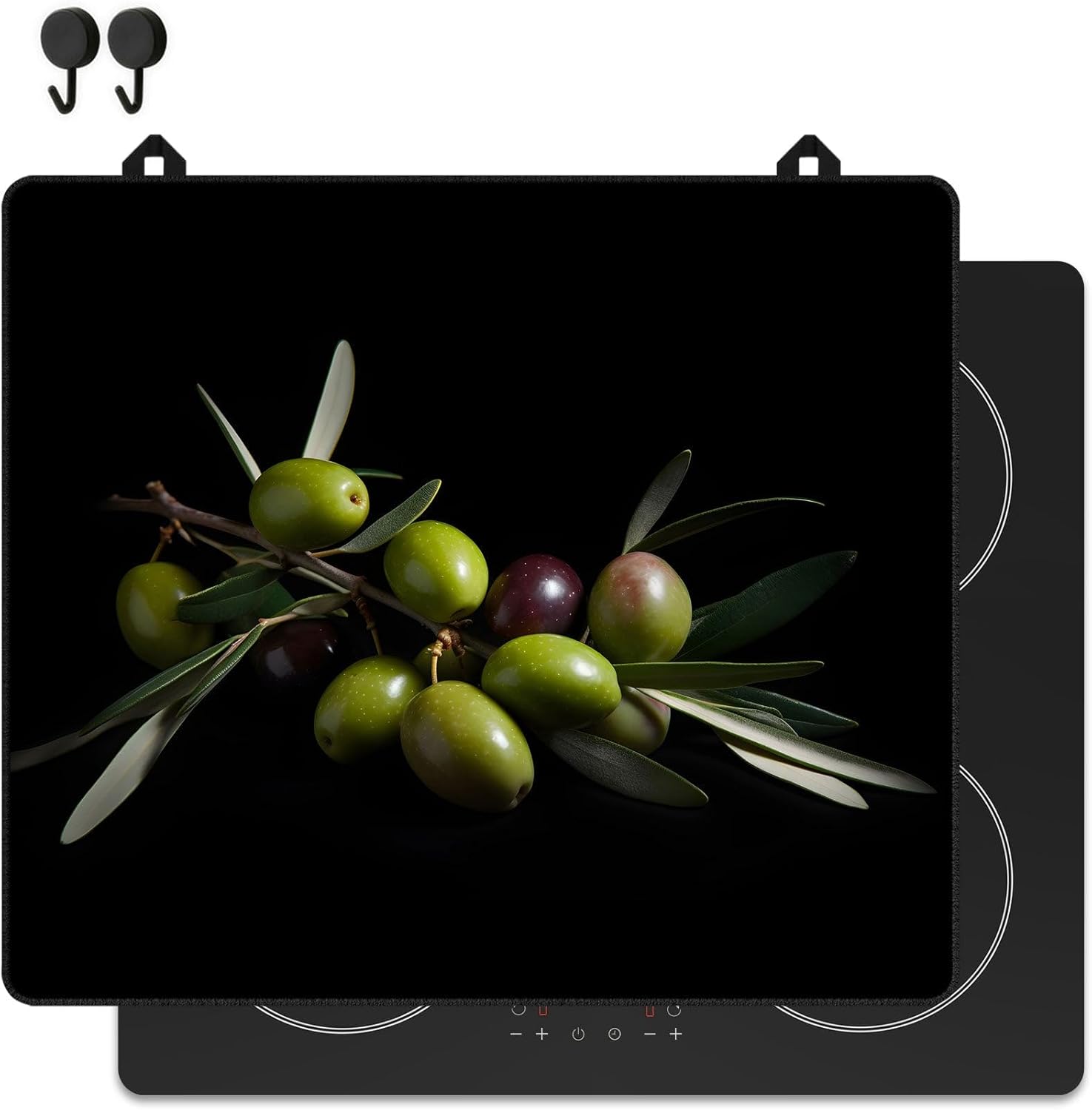 KitchyMist Protège Plaque Induction Olives - 60x52 cm - Déco cuisine - Protection pour plan de travail - Cuisson protégée - Fond de hotte de cuisine Olives 60L x 52l cm