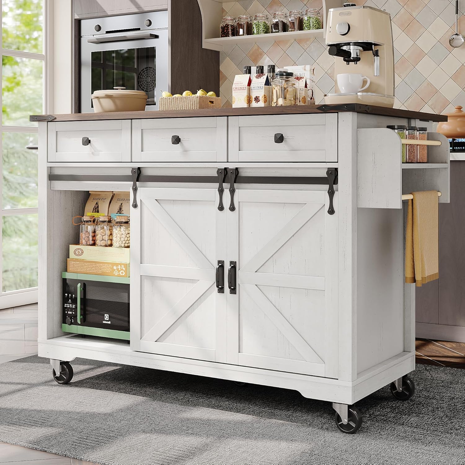 LINKHOO Îlot de Cuisine, Chariot de Service avec Plan de Travail Coulissant, avec 2 Portes et 3 tiroirs, avec Grain de Bois, 140 * 45 * 94 cm, Blanc