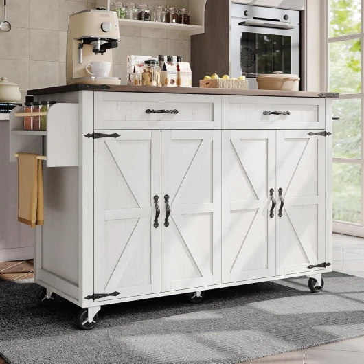 LINKHOO Îlot de Cuisine, Chariot de Service avec Plan de Travail Coulissant, avec Quatre Portes et Deux tiroirs, avec Grain de Bois, 140 * 45 * 90.54 cm, Blanc