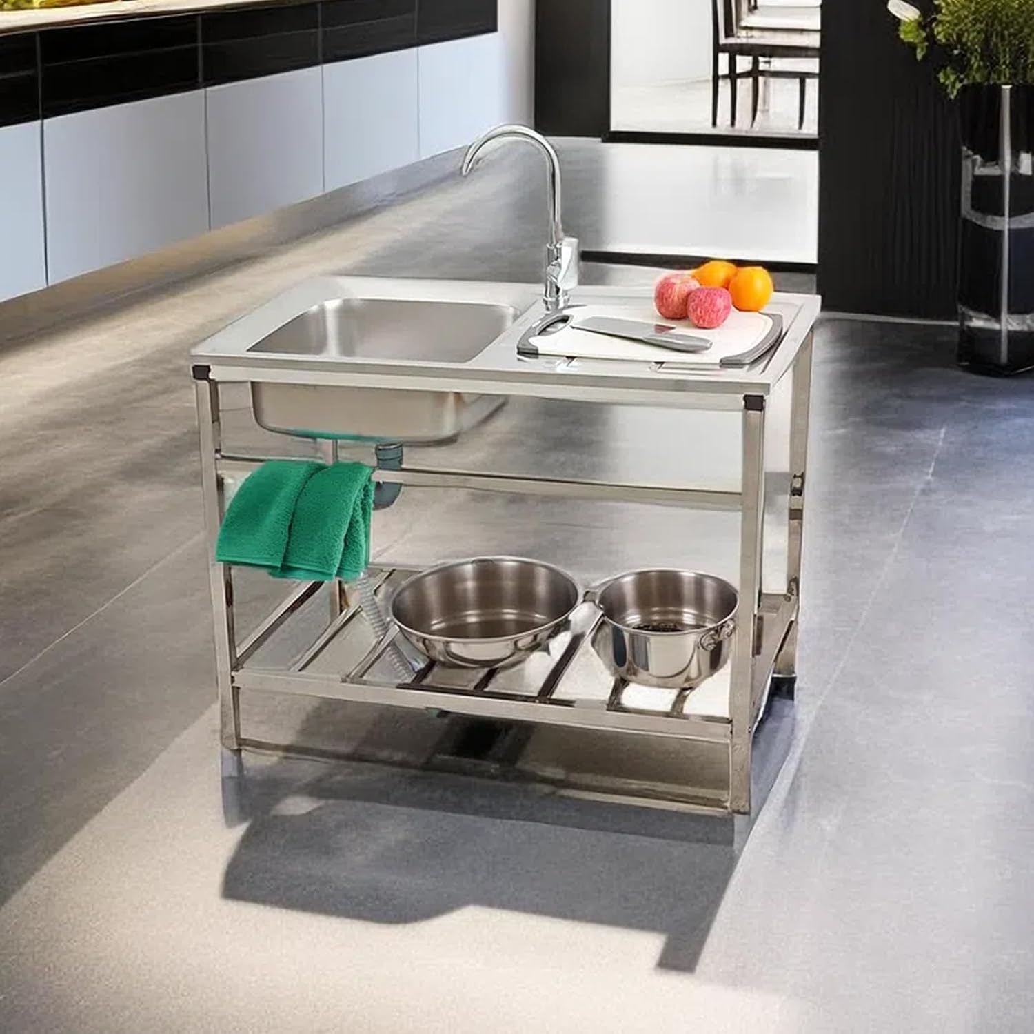 Evier Cuisine 1 Bac En Acier Inoxydable Avec Raccords De Vidange Et Robinet Évier Utilitaire Plonge Mobile Évierextérieur Et Intérieur Pour Garage Buanderie Jardin Camping(75 * 40 * 75cm (Argent))