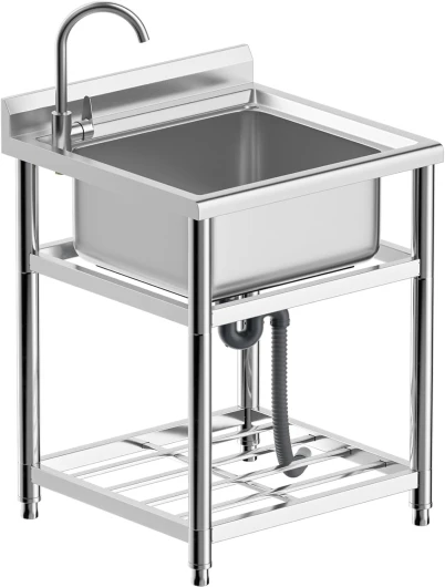 Vockol Évier Professionnel Inox 1 Cuve, 60 cm Evier Inox sur Pied avec Robinet, Évier Utilitaire, Évier Autoportant pour Extérieur, Cuisine, Garage, Buanderie, Restaurant, Jardin, 60 x 64 x 93 cm