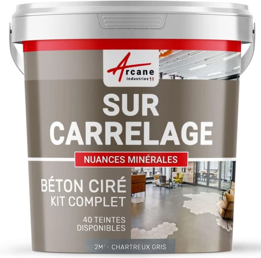 Béton ciré sur carrelage, cuisine, salle de bain, mural, sol, plan de travail, décoratif, revêtement, douche, kit - 2 m² (en 2 couches) Chartreux - Gris - ARCANE INDUSTRIES