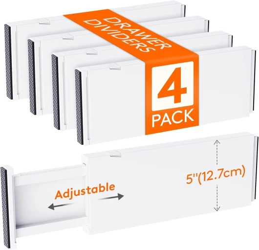 Lot de 4 Séparateurs de Tiroirs en Plastique, 12,7 cm de Haut, 34,3-55,9 cm, Organisateurs de Tiroirs ajustables pour Vêtements, Chambre/Salle de Bain/Cuisine/Bureau Organisation et Rangement 4 L 33.8-57.7cm, H 12.7cm
