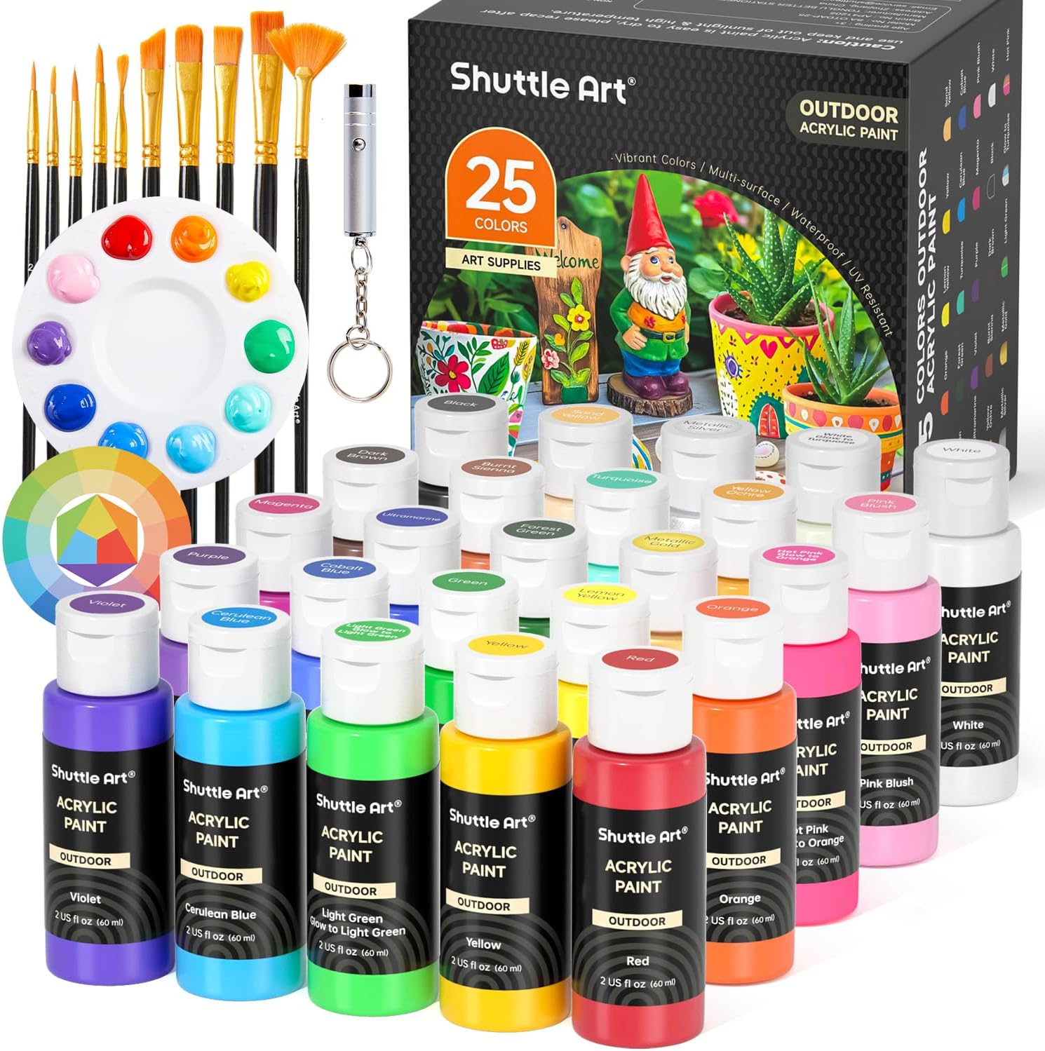 Peinture Acrylique pour Extérieur 25 Couleurs (60ml) avec 10 Pinceaux 1 Palette, Résistant à l'Eau, Acrylique Peinture à l'Extérieur pour Artistes, Débutants sur Roches, Statues de Jardin