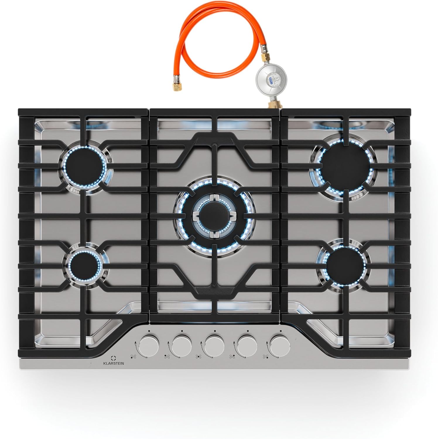 Turbocast Plaque De Cuisson Gaz - 5 Brûleurs Inox 304, 3.4kW Wok, Allumage Électrique, Supports Fonte, Kit Conversion GPL, 750x500mm 75 cm Acier Inoxydable