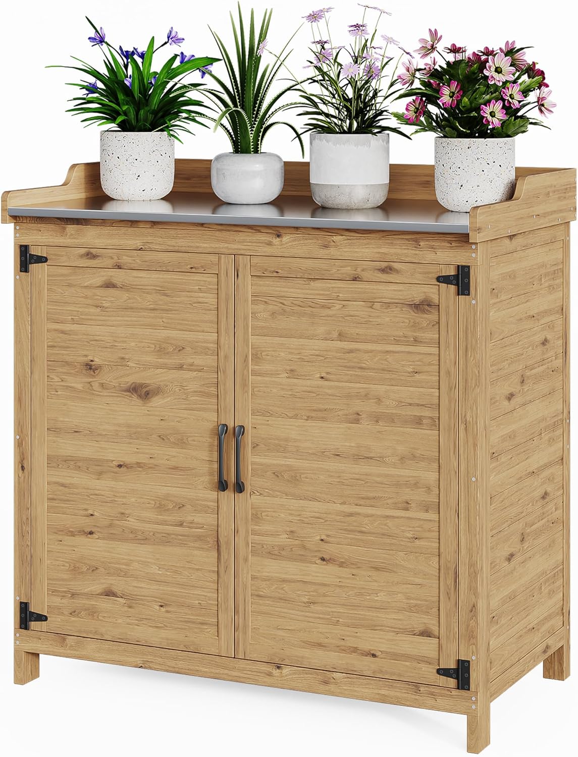 Armoire de Rangement de Jardin avec Plan de Travail, Table de Rempotage Extérieur et Intérieur en Bois avec Étagère Amovible, Idéal pour Outils et Plantes (Naturel, 98 x 48 x 95 cm) Naturel 98 x 48 x 95 cm