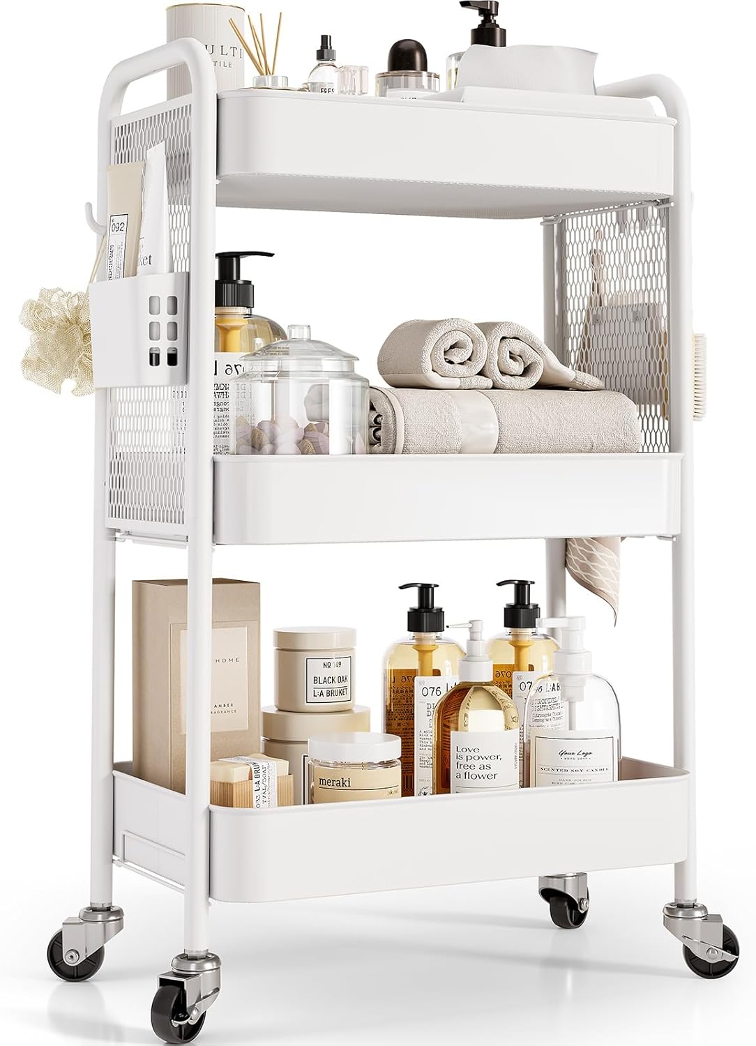 Urackify Chariot de Rangement à roulettes 3 Niveaux avec Boîtes Suspendues et Crochets - Chariot Rangement Roulette Multifonction pour Cuisine, Salle de Bain, Buanderie - Blanc