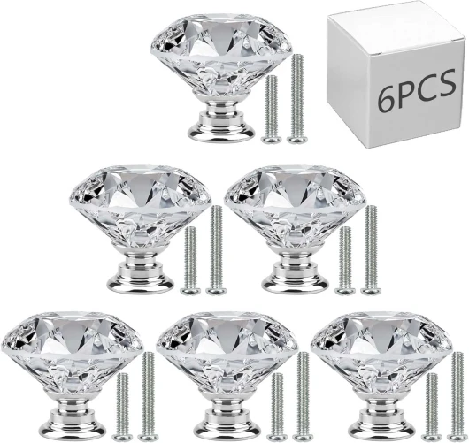 Générique 6 PCS Poignées de meuble avec vis en 2 tailles, Poignées de tiroir de 30 mm en verre cristal en forme de diamant pour tiroirs de commode, cabinets de cuisine, salle de bain et bureau