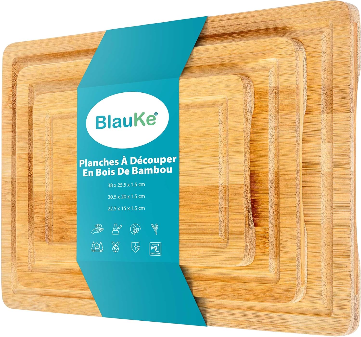 Planche à Découper en Bambou 3 Tailles (S, M, L) – Ensemble de Planches à Découper en Bois de Bamboo – Planches à Découper pour Cuisine Avec Rainure de Jus et Poignées – Plateau de Service en Bambou Beige
