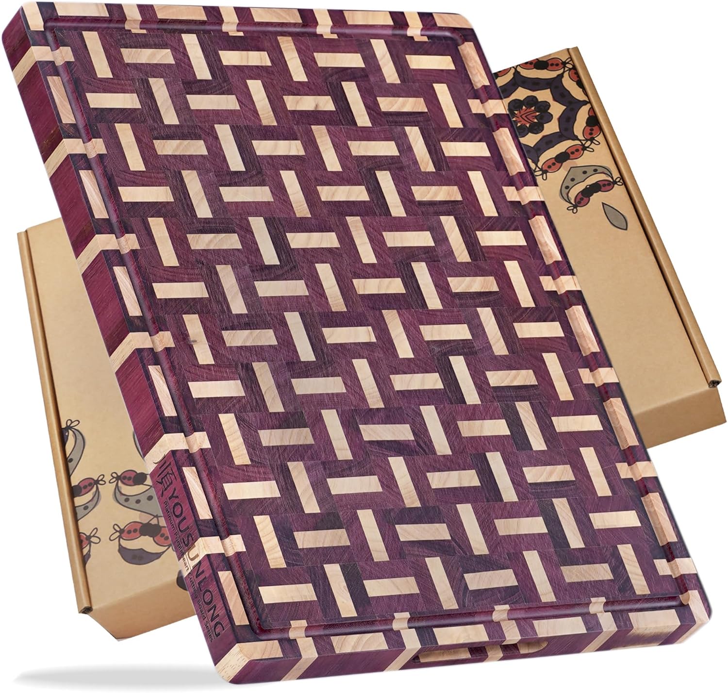 Planche à découper extra-large en bout de grain - Bois de Purple Heart - Billot de boucher renforcé 61 cm L x 46 cm l x 3,8 cm ép - avec rainure à jus et poignée - Plan de travail cuisine