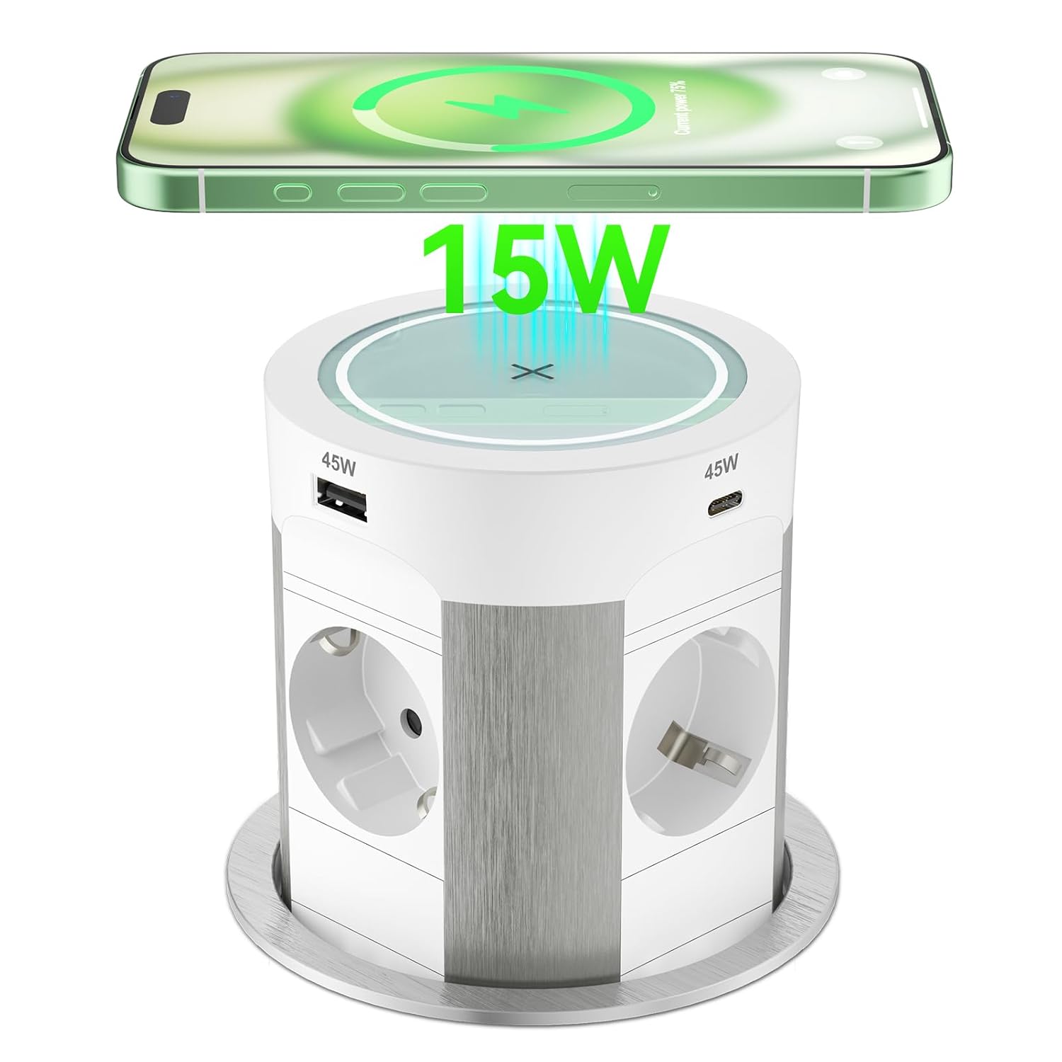 Multiprise Encastrable Plan de Travail 2 USB C PD 75W, Bloc Prise Encastrable avec 15W Chargeur Induction et 4 Prises, Prise de Table Escamotable Prise de Table Rétractable, 1.8M Câble, Blanc Blanc.