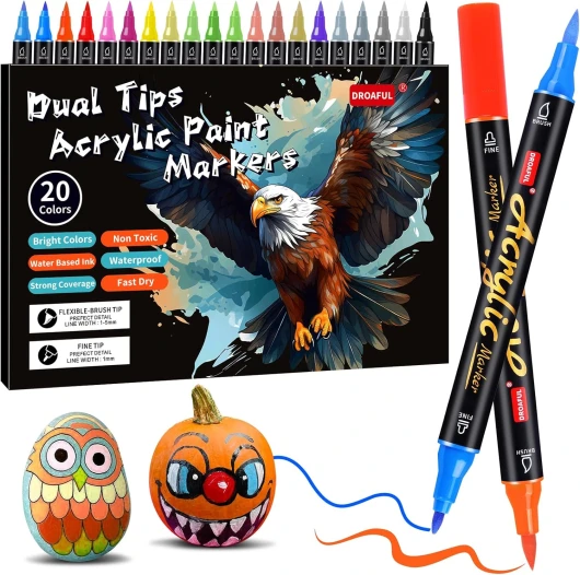 Droaful Feutres Acrylique Marqueurs Peinture Acrylique, 20 Couleurs Pour Peinture Sur Roche, Tissu, Métal, Verre, Bois, Toile, Céramique, Plastique, Non Toxique et Inodore, Premium Art et Bricolage
