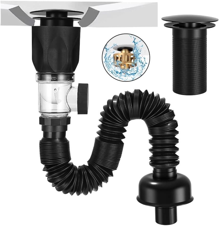 LEAZZLE Kit de Bonde de Lavabo, Siphon Lavabo Avec Pop-Up Bouchon de Vidange de Filtre et Tuyau de Vidange Flexible, Rétractable 300-1000mm, Pour Bain et Cuisine, Résistant Aux Odeurs Et Aux Insectes