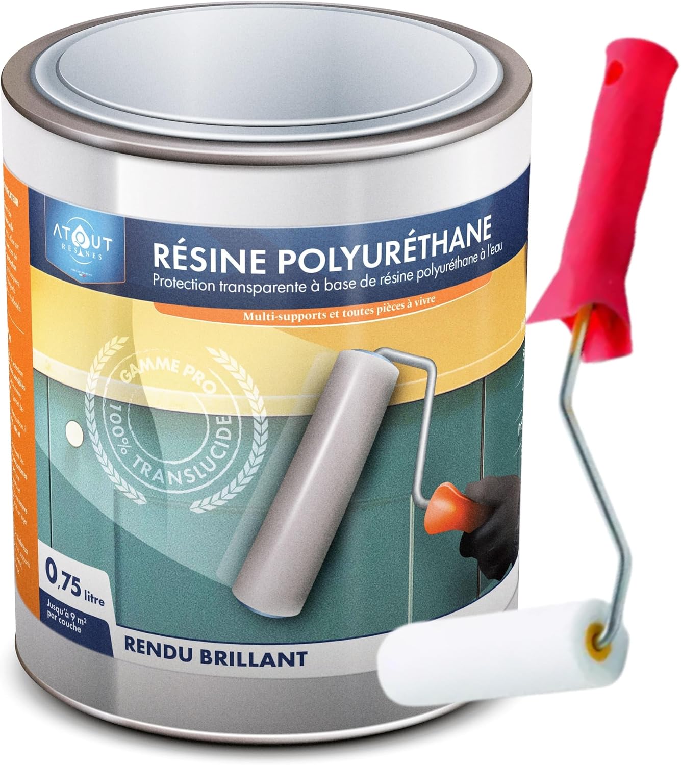 Résine polyuréthane brillante 750 ml mono- composant, incolore, vernis, vitrificateur, protection polyvalente, multi-usages et son rouleau adapté à la bonne application de la résine - 750 ML Brillant 750 ML transparent