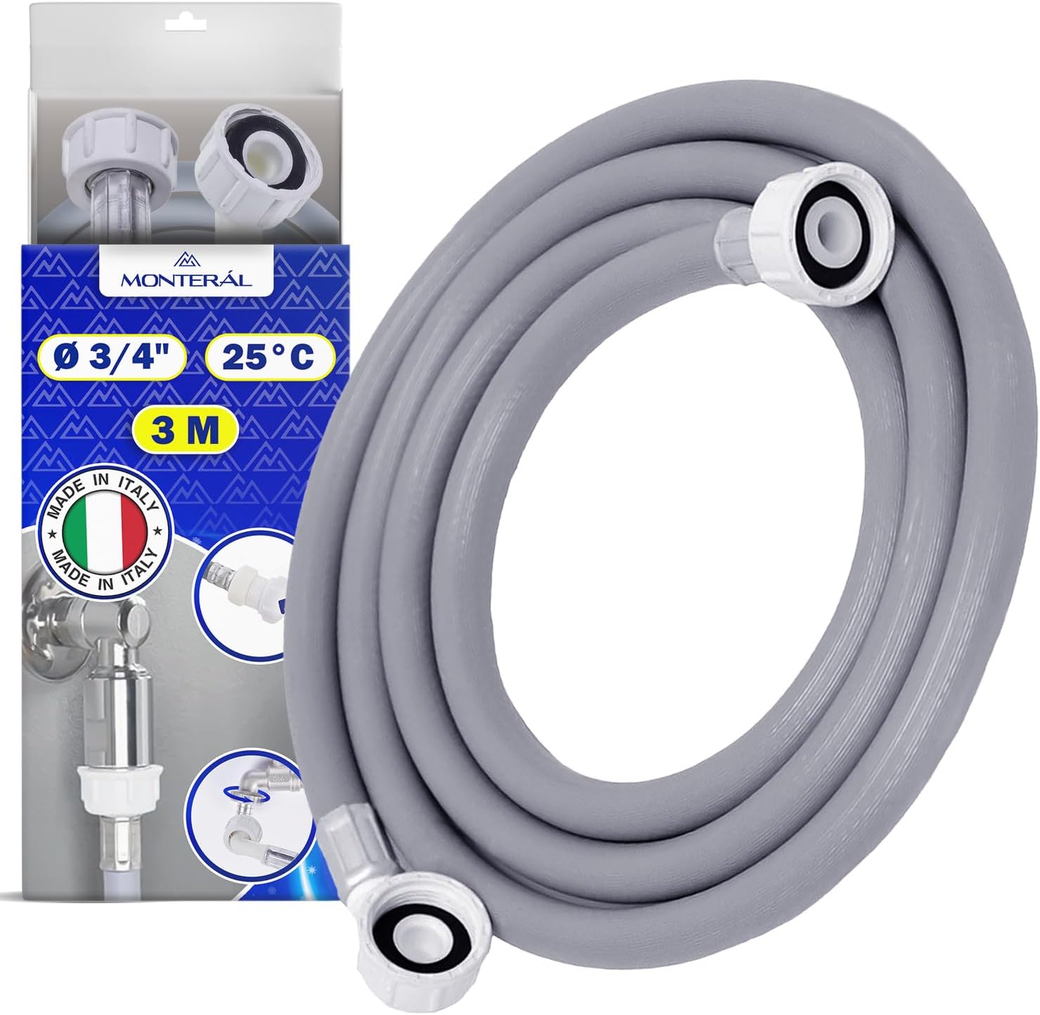 Tuyau Machine à Laver et Lave Vaisselle 3 m pour Arrivee Deau pour Températures de 25°C Pression de 20 à 60 Bar Connexion est Droite et Coudée Ø 3/4" - MADE IN ITALY - MONTERAL