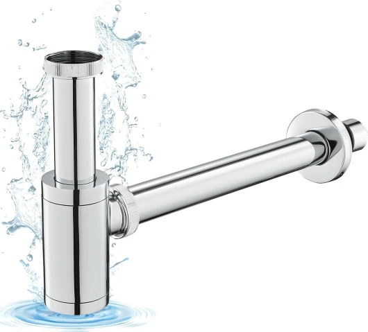 KINKIBOS Siphon Universel pour Lavabo, Siphon en Laiton 1 1/4, Syphon Anti-Odeur avec Orifice de Nettoyage, Bonde de Lavabo Réglable, Chromé L-sans Bonde ‎chromé