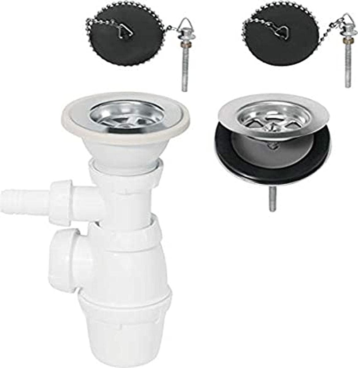 30718733 Ensemble complet vidage d'évier 2 bacs D60 avec siphon évier, bonde à bouchon et prise machine à laver, chromé, Blanc