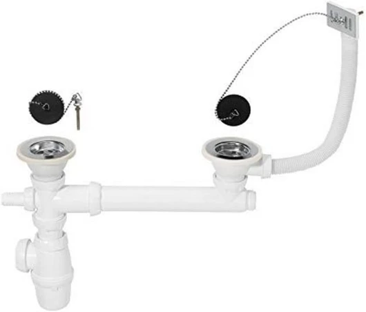 30721103 Ensemble complet vidage d'évier 2 bacs D60 avec siphon évier, bonde à bouchon, trop-plein et prise machine à laver, chromé, Blanc