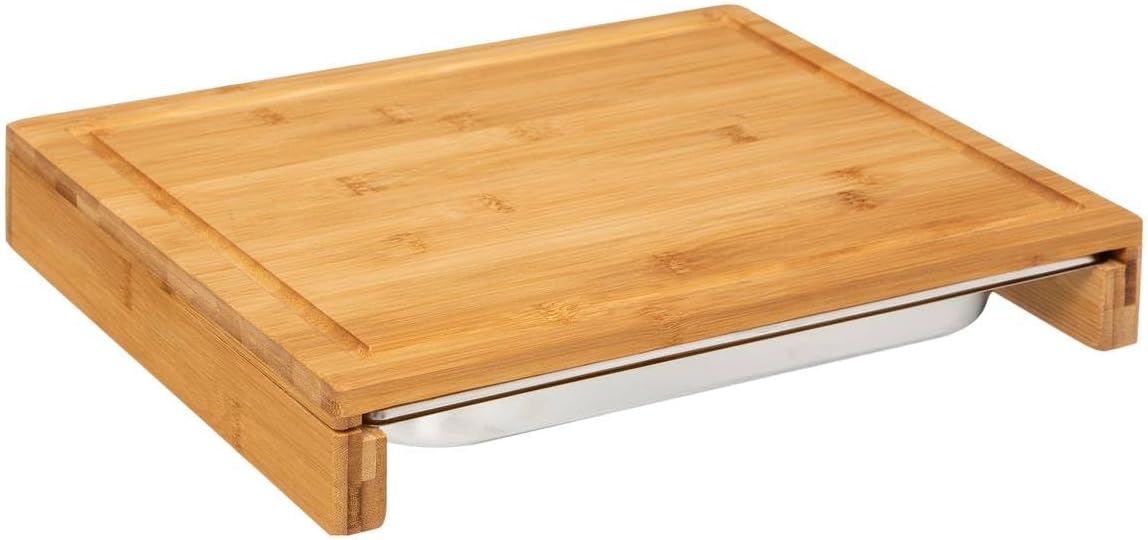 Five - Planche à découper en Bambou avec bac tiroir intégré en INOX 35 x 28.5 cm