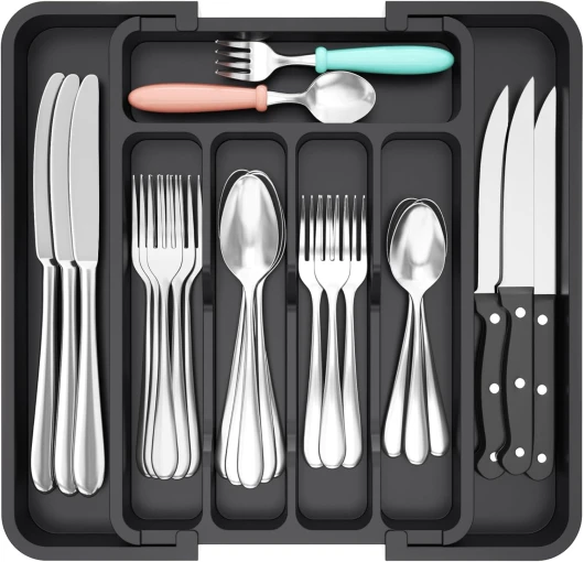 Rangement Couvert pour Tiroir, Range-Couvert Extensible, Organisateur Couverts Tiroir Cuisine, Boite Rangement, Bac Rangement Couvert Pour Cuillères, Fourchettes, Couteaux, Noir M (22,6-37,3 x 30,9 cm) Noir