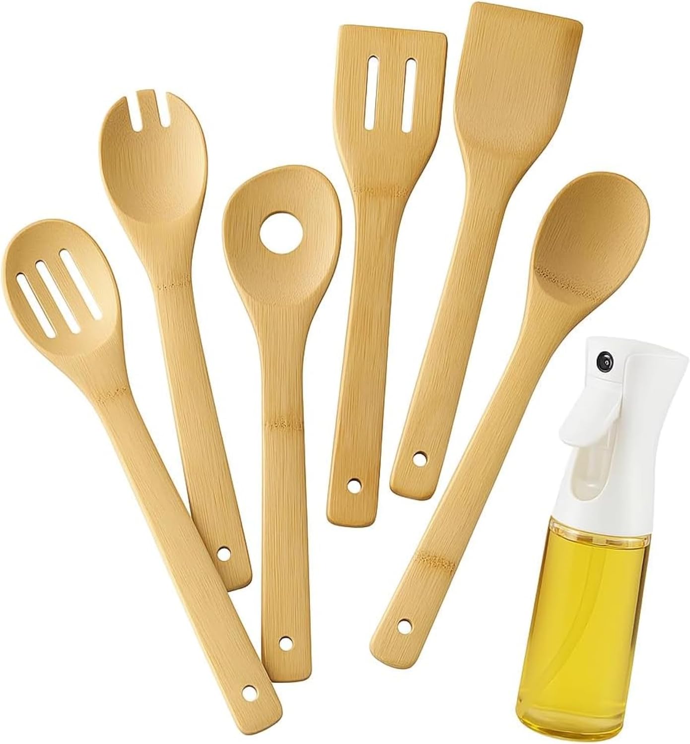 Ustensiles de cuisine bois, spray d'huile – cuillere en bois bambou, vaporisateur d'huile pour cuisson saine – Pulverisateur d'huile/spatules de cuisine en bambou facile a nettoyer