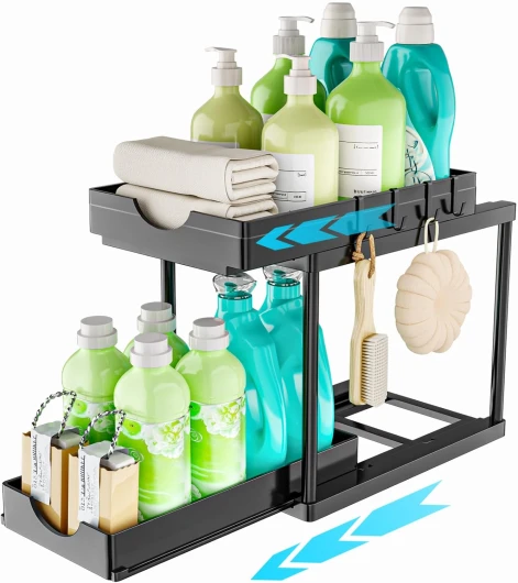 ARSTPEOE Rangement Sous Évier - 2 niveaux organisateur sous evier cuisine, Tiroir Coulissant Cuisine, Rangement Et Organisation De Cuisine, Noir, 1 Paquet Noir, Lot de 1, Tiroir