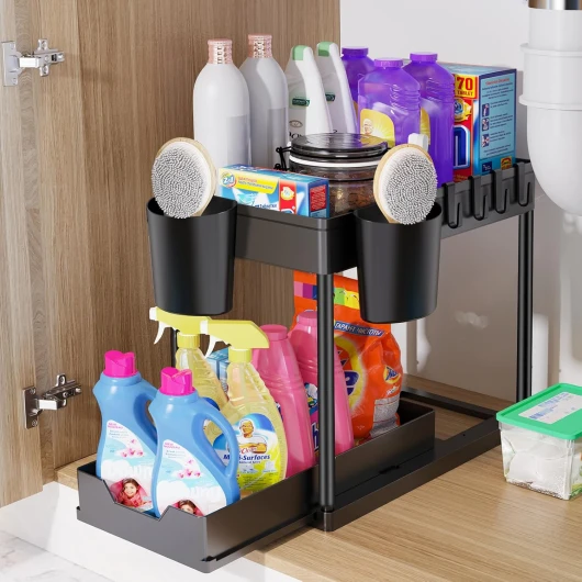 Rangement sous Evier 2 Niveaux, Coulissant Organiseur sous Évier Etagere Tiroir,Panier de rangement multifonction pour salle de bain, étagère sous placard, étagère de lave-vaisselle - Noir Noir-1PC