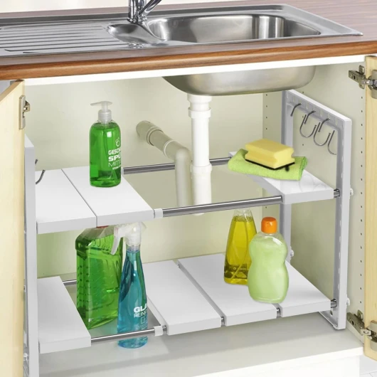SMONTER Extensible sous lavabo Organiseur avec 10 panneaux amovibles et tube en acier avec crochets, support de rangement pour cuisine, salon et salle de bain, Blanc Plastique