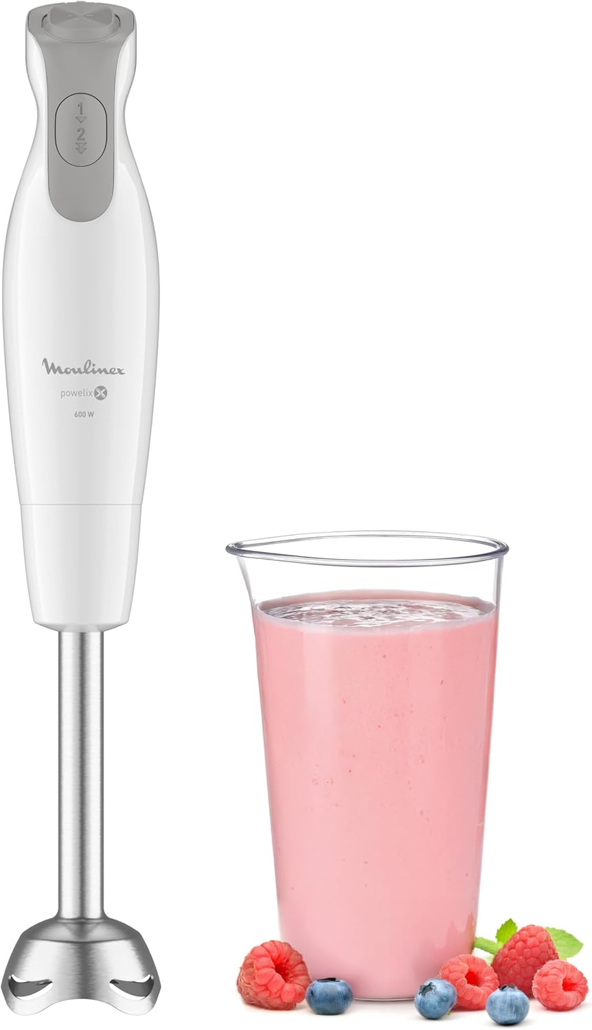 Mixeur plongeant, 600 W, 2 vitesses, Poignée ergonomique, Pied antiéclaboussures inox, Compatible lave-vaisselle, 4 lames technologie Powelix, Daily Chef Blanc DD551110 600W - 2 vitesses