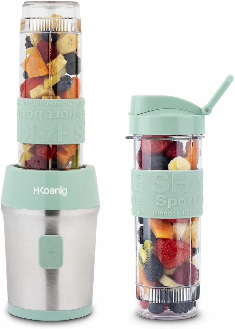 H.Koenig Mini Blender / Smoothie / Mixeur SMOO18 – 570mL, 300W, 4 Lames Inox, Sans BPA, 2 Bouteilles portables avec couvercles de voyage, Vert Vert Pastel