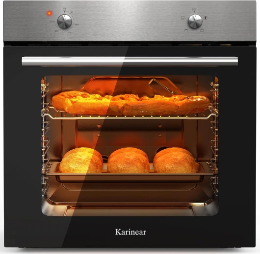Four Electrique 60 cm avec Bouton de Commande, Four Encastrable 65 L, 4 Programmes, 50-250 °C, avec Panneau en Acier Inoxydable, 2200W, 220-240V, avec Prise 2 Boutons - Plaque en Acier Inoxydable