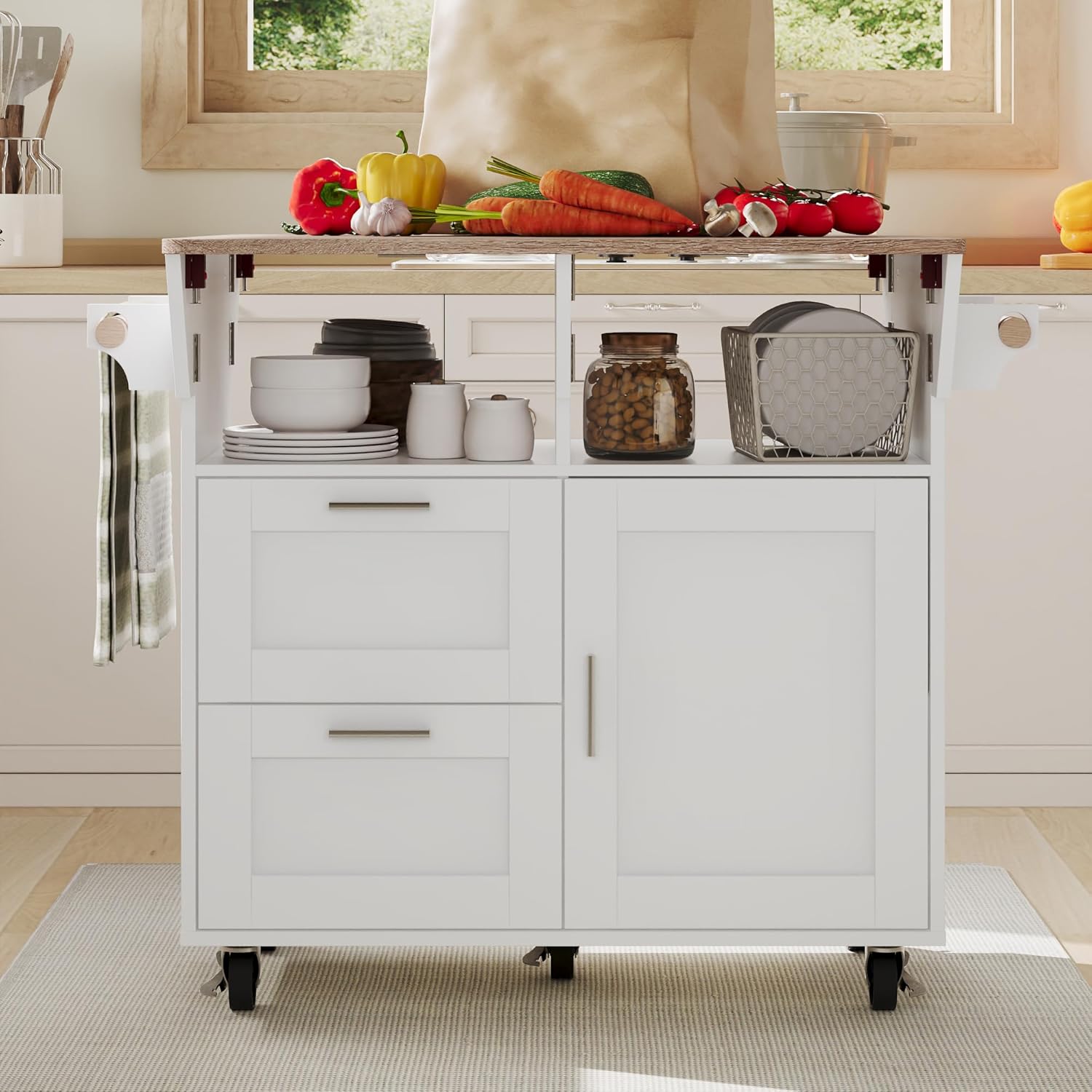 Îlot de cuisine sur roulettes - Chariot de service avec roulettes - Plan de travail extensible - Chariot avec tiroirs - Pour cuisine, salle à manger, bar à petit-déjeuner - Blanc - 80 x 80,5 x 80 cm