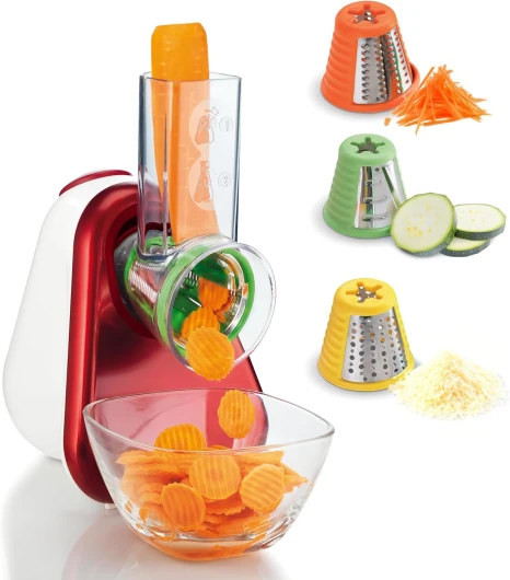 Découpe-légumes électrique 3-en-1, 3 cônes râpes fine, Mandoline légumes, Large ouverture, Pièces amovibles compatibles lave-vaisselle, Fresh Express, Rouge, DJ753510