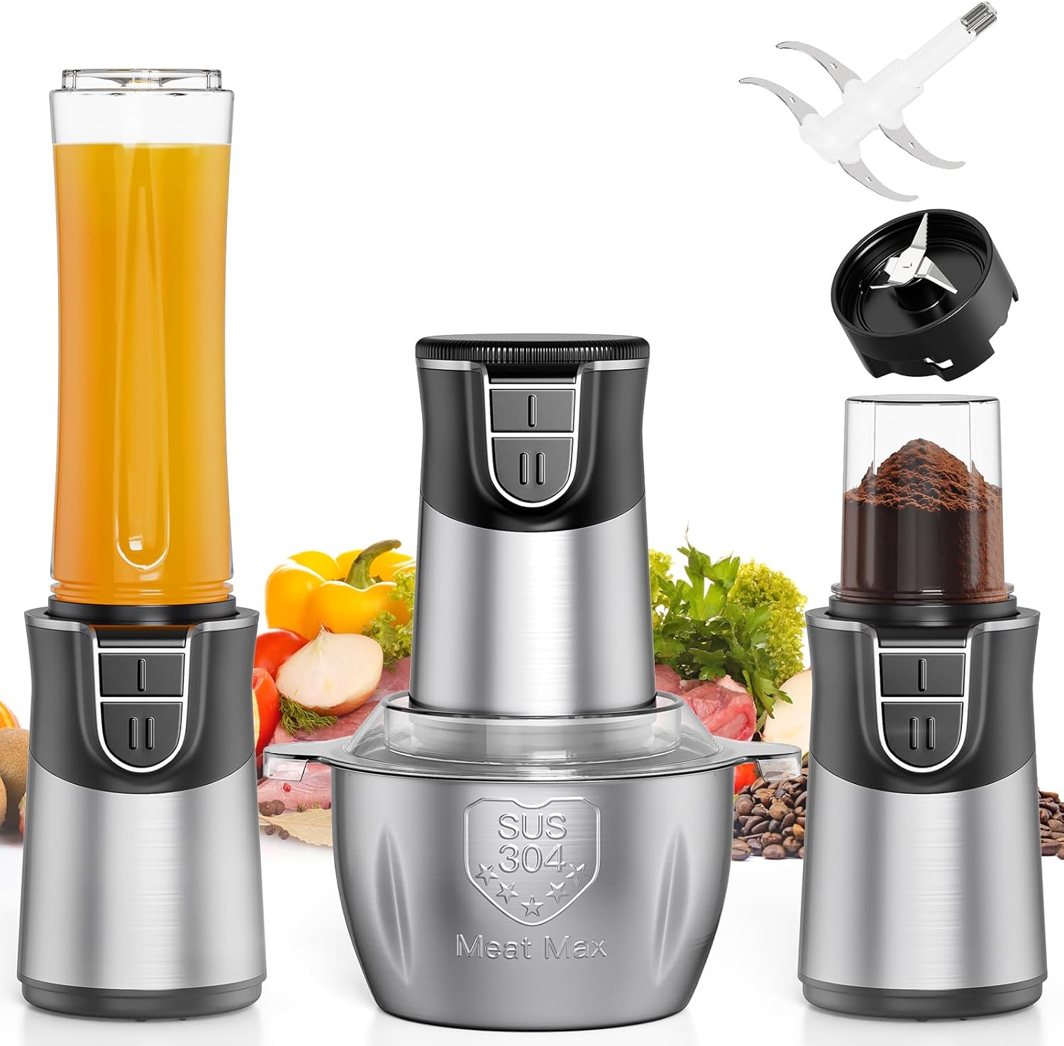 3-en-1 Hachoir Robot Cuisine Multifonction, 500W Hachoir électrique, Centrifugeuse et Moulin à épices avec Bol en Acier Inoxydable 2L, 600ml Tasse à Jus et 100ml Tasse à Moulin, Double sécuri