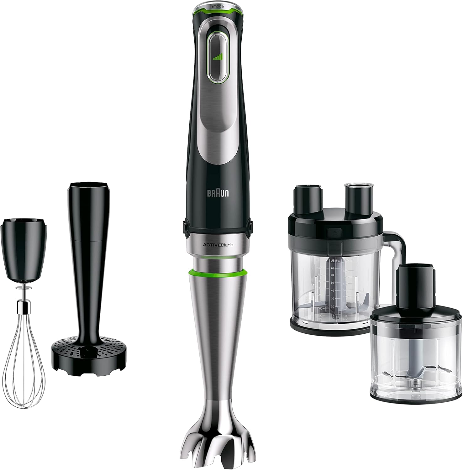 MultiQuick 9 MQ 9187XLI Mixeur Plongeant - Presse-purée avec technologie Active PowerDrive et 5 accessoires pour hacher, presser, mélanger et piler de la glace, 1200 W, noir/acier inoxydable 1200W - 4 accessoires
