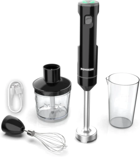 POYOCOM Mixeur plongeant sans fil, mixeur à immersion rechargeable, avec câble de type C, fouet à œufs, hachoir de 500 ml, récipient de 600 ml pour smoothies, milkshakes, sauces et soupes – Noir