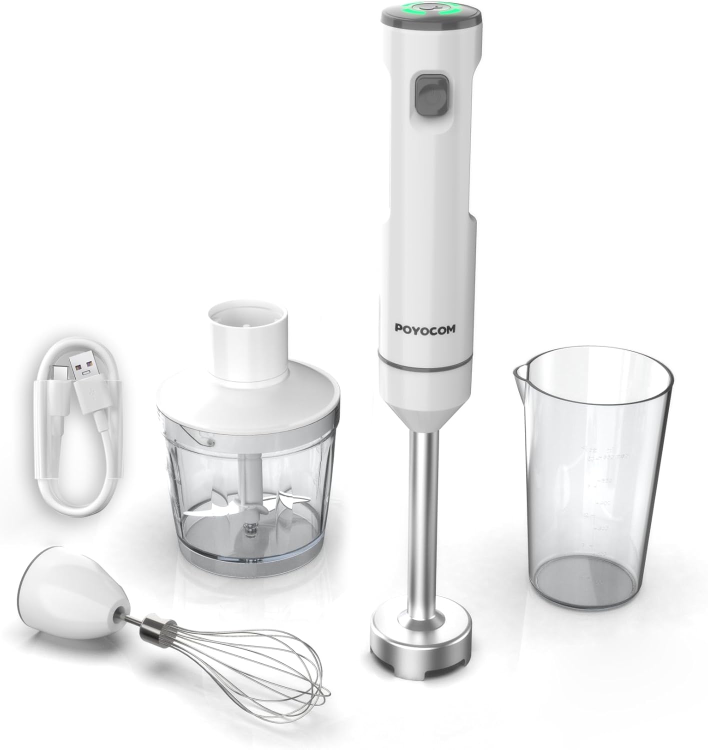 POYOCOM Mixeur plongeant sans fil, mixeur à immersion rechargeable, avec câble de type C, fouet à œufs, hachoir de 500 ml, récipient de 600 ml pour smoothies, milkshakes, sauces et soupes – Blanc