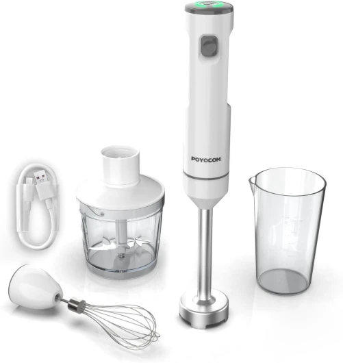 POYOCOM Mixeur plongeant sans fil, mixeur à immersion rechargeable, avec câble de type C, fouet à œufs, hachoir de 500 ml, récipient de 600 ml pour smoothies, milkshakes, sauces et soupes – Blanc