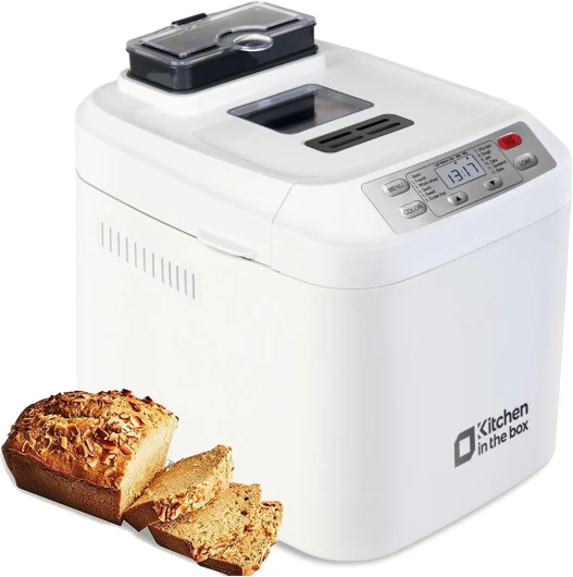 Machine a Pain Kitchen in the box, 12 Programmes dont Sans Gluten(900g), Distributeur Automatique de Fruits & Noix, Moule Antiadhésif, Départ Différé 13h & Maintien au Chaud 1h (Blanc)