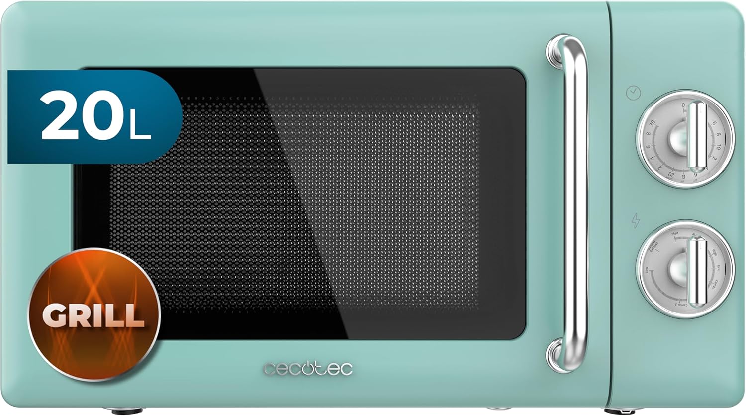 Micro-Ondes Mécanique avec Grill Proclean 3110 Retro Vert - 20 L, 700 W en 6 niveaux, minuterie jusqu'à 30 minutes, mode dégivrage, design vert vintage, finitions en acier - Manuel - Grill Vert