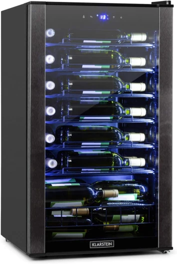 Vinomatica - Cave à vin, Compacte, Capacité de 95L, 36 bouteilles, Porte panoramique, Cadre en acier inoxydable noir, Eclairage intérieur, 6 tablettes amovibles, Réglable de 4 à 18°C, Noir