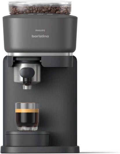 Philips Baristina Machine à expresso - Un véritable expresso, en toute simplicité - Compacte - 16 bars de pression - Broyeur intégré - Machine noire avec porte-filtre noir (BAR300/60)