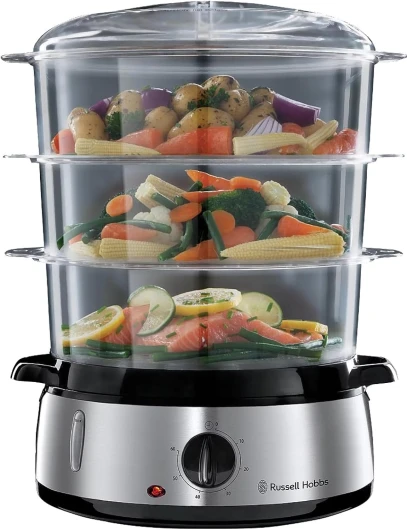 Cuiseur Vapeur [Grande capacité] Cook@Home (800W, 9 L, 3 niveaux, 1 panier cuiseur de riz + 6 supports à œufs incl., écran digital, minuterie programmable, 3 Paniers sans BPA) 19270-56