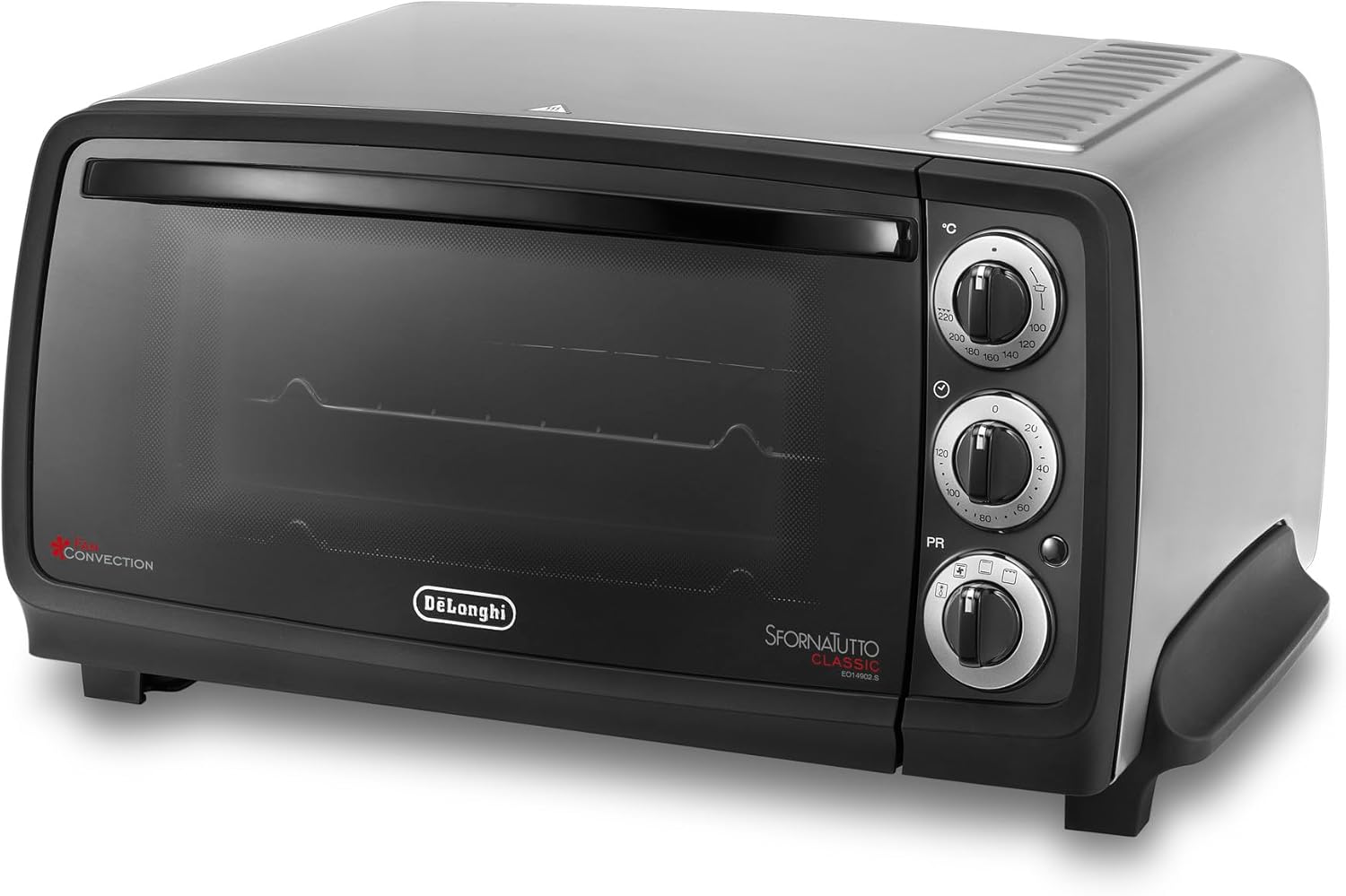 De'Longhi EO14902.S - EO14902.S - Four électrique avec arrêt automatique, thermostat réglable, 5 fonctions de cuisson, lumière intérieure, minuteur, friteuse à air, argent, lxpxa 52 x 41 x 26 cm