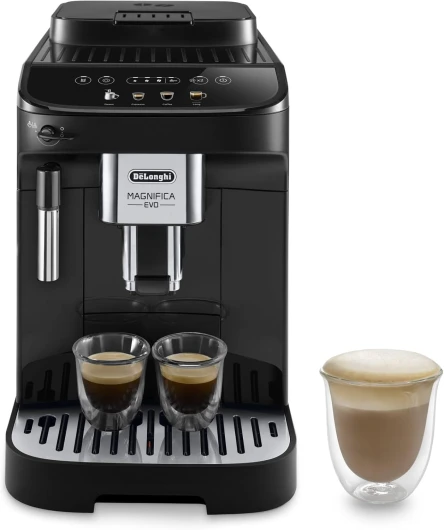 De'Longhi Magnifica Evo ECAM290.21.B, Machine à Café Automatique avec Mousseur à Lait, Machine Grain Compacte, Mousseur à Lait Manuel, 4 Recettes, Écran Tactile Couleur, Noir