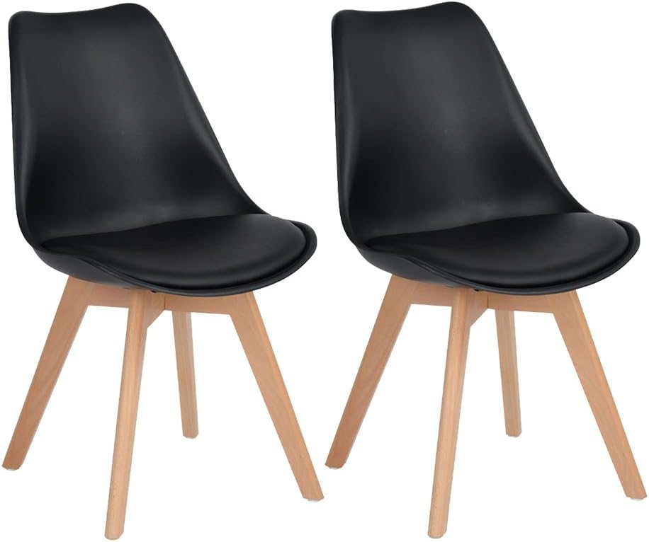 Lot de 2 chaises de Cuisine en Bois SGS Tested Rétro Rembourrée Chaise de Salle de Bureau avec Pieds en Bois de Hêtre Massif - Noir 2 chaises Noir