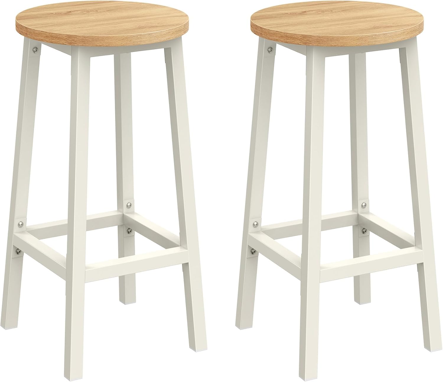 Tabourets de Bar, Lot de 2, Chaises, Siège Haut, Cadre Métallique, Montage Facile, Hauteur 65 cm, Repose-pieds, pour Cuisine, Salon, Salle à Manger, Beige Chêne et Blanc LBC032W09 Lot de 2 Beige Chêne + Blanc