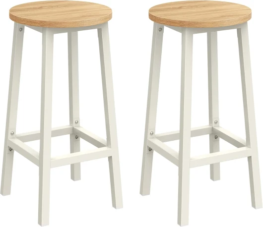 Tabourets de Bar, Lot de 2, Chaises, Siège Haut, Cadre Métallique, Montage Facile, Hauteur 65 cm, Repose-pieds, pour Cuisine, Salon, Salle à Manger, Beige Chêne et Blanc LBC032W09 Lot de 2 Beige Chêne + Blanc