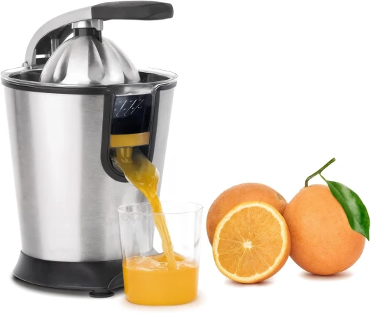 H.Koenig AGR80 – Presse-agrumes électrique professionnel 160W, levier et filtre en inox, système anti-goutte, sans BPA, pièces compatibles lave-vaisselle Argent
